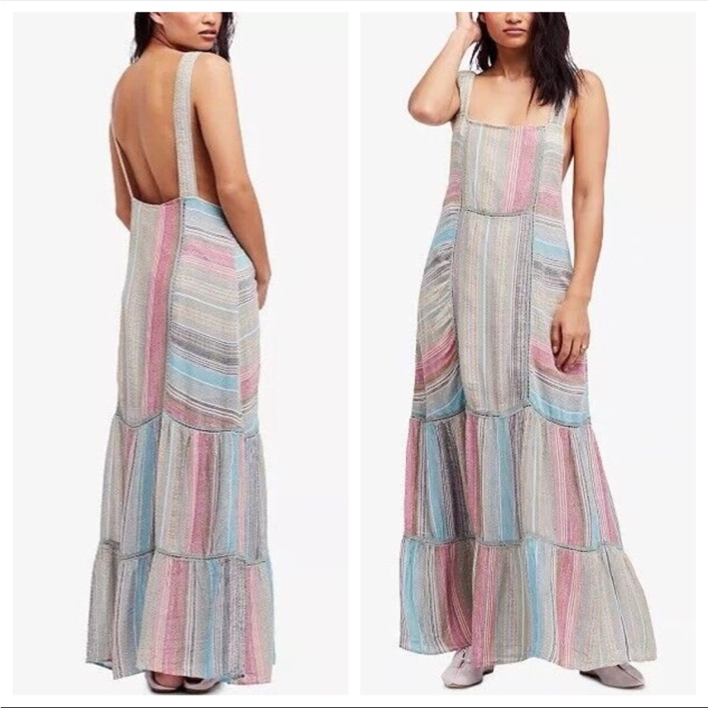 Free People Anika Maxi Dress Colorful Striped Boho Lagenlook Small Festival
